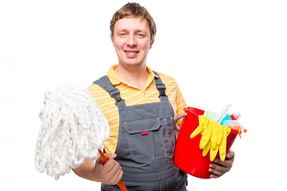 man holding the cleaning tools